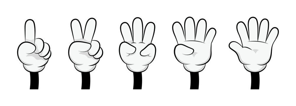 Hand counting fingers illustration with wrist, doodle cartoon style showing one, two, three, four, five gestures, education learning concept drawing.