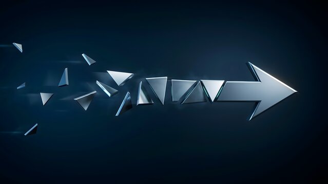 Angular polygon fragments assembling into a metal arrow &ndash; Suitable for supply chain restructuring, tech mergers, or data logic.