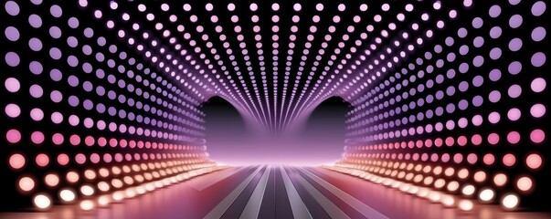 Fototapeta premium Futuristic digital tunnel with glowing stage lights and symmetrical abstract dots
