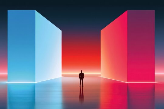 Silhouetted person standing between futuristic neon blue and red monoliths with reflective minimal landscape