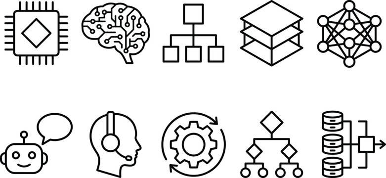 Artificial intelligence and machine learning linear icon set with brain chip chatbot network data vector illustration