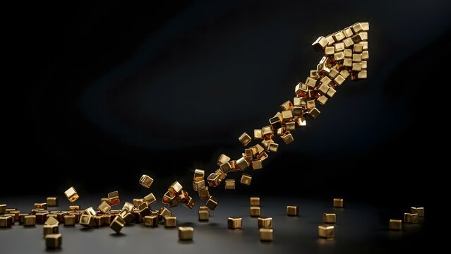 Tiny golden cubes assembling into an upward rising arrow &ndash; Perfect for banking success stories, stock market indexes, or luxury branding.