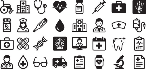 Naklejka premium Medical-Healthcare Icons Collection Featuring Hospital Services, Telemedicine, Diagnostics, Emergency Care, Patient Treatment, Pharmacy, Dental Health, and Clinical Technology