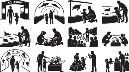 Set of silhouettes of people visiting an aquarium, family with children looking at fish, sharks, penguins, jellyfish and coral reef © Shammi