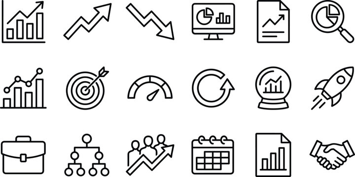 Business growth and financial data analytics linear icon set with graph chart arrow target rocket vector illustration