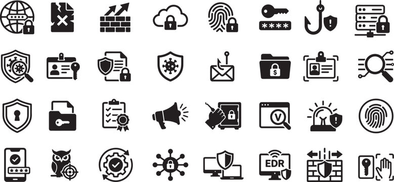 Cyber-Security Protection Icons Set Featuring Data Privacy, Network Defense, Identity Verification, Threat Detection, Cloud Security, Encryption, Authentication, and Digital Risk Management