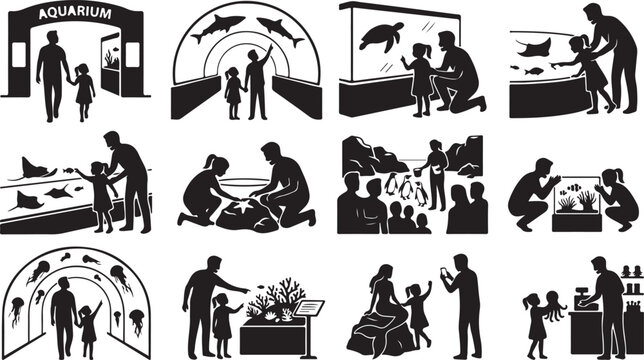 Set of silhouettes of people visiting an aquarium, family with children looking at fish, sharks, penguins, jellyfish and coral reef
