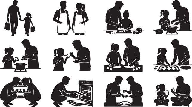 Set of silhouettes showing a father and daughter cooking and baking together in the kitchen