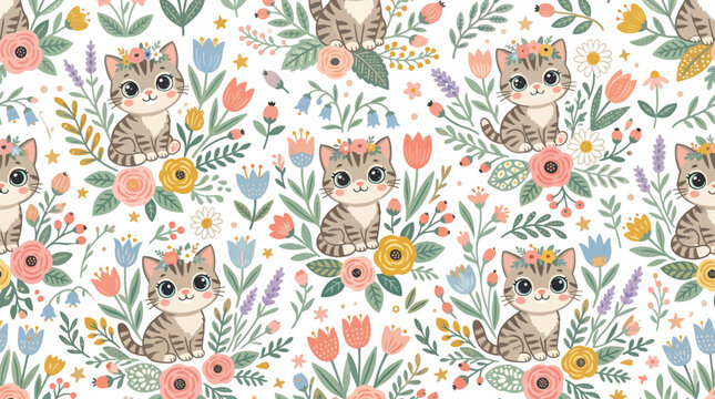 Charming cat clip art pattern with colorful floral elements and whimsical kitten illustrations on a light background