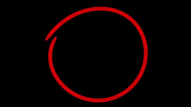 Hand-drawn red circle animation loop on black background, for emphasis and, highlighting motion graphics animation 