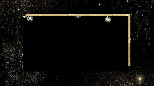 Golden Christmas frame with fireworks and ornaments on black background