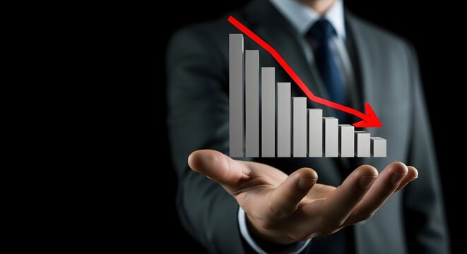 A professional in a suit holds a digital three-dimensional bar chart showing a downward trend with a red arrow.