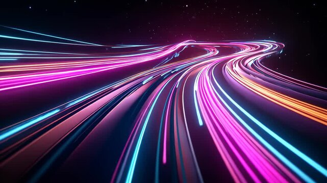 Abstract cosmic trails of vibrant, glowing light streaks curve and twist against a dark background sprinkled with tiny stars