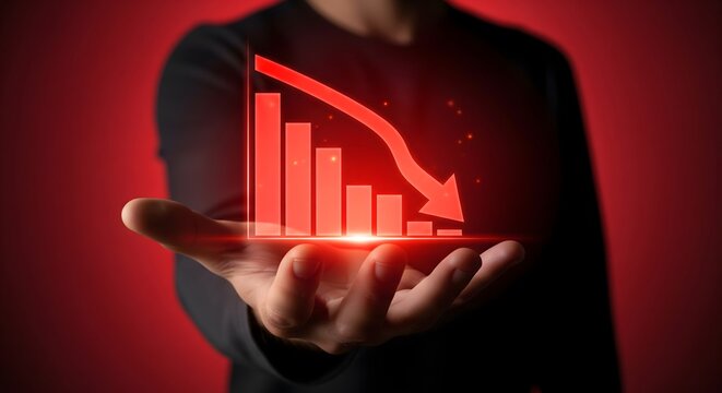 Businessman holding a digital holographic red bar chart showing a downward trend and financial loss on a dark background.