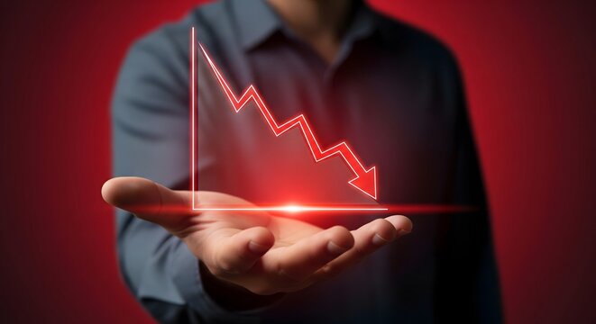 A businessman holds a glowing red declining line graph in his hand against a dark red background.