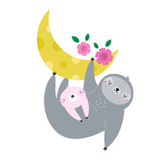 Fototapeta premium Cute cartoon sloth and baby sloth hanging on a crescent moon with flowers
