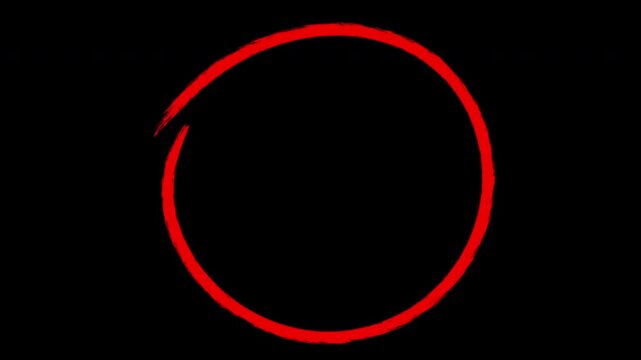 Hand-drawn red circle animation, grunge brush stroke circle overlay on transparent background motion graphics animation 