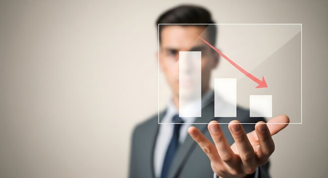Businessman holding a transparent screen displaying a declining financial bar chart and red arrow.
