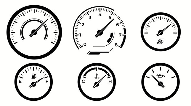 Clean Vector Automotive Speedometer and Gauge Icons Set Isolated on White Background