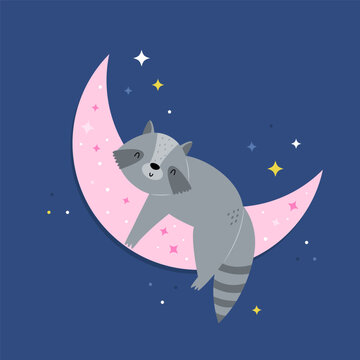 Cute cartoon raccoon sleeping on crescent moon with stars in night sky