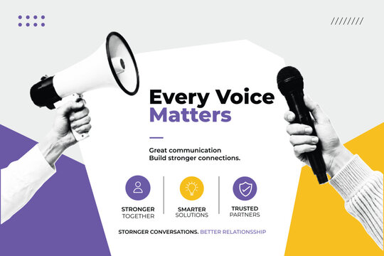Halftone Pop Art Collage with Hands Holding Megaphone and Microphone. Every Voice Matters, Communication and Public Speaking Concept. Retro Vintage Style with Purple and Yellow Geometric Shapes