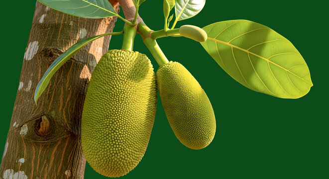 Fresh young jackfruit growing on tree trunk with leaves on green background, chroma key isolated, generative AI