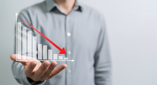 A businessman holding a digital bar chart showing a downward trend with a red arrow symbolizing financial loss or economic recession.