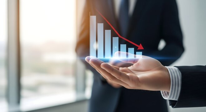 Close-up of a businessman holding a digital bar chart with a red arrow indicating financial loss and economic decline in an office environment.