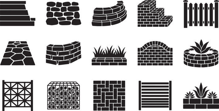 Landscaping and garden construction elements icons set featuring brick walls fences paving stones and stone borders vector