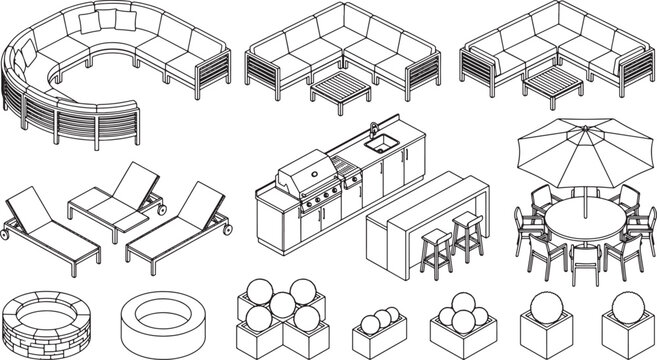 Outdoor Furniture Set Isometric Vector Collection Including Sofas Dining Tables Grill Station and Fire Pits Line Art