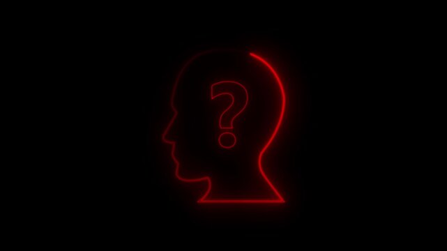 Neon person icon with glowing question marks, symbolizing confusion or inquiry on a dark background