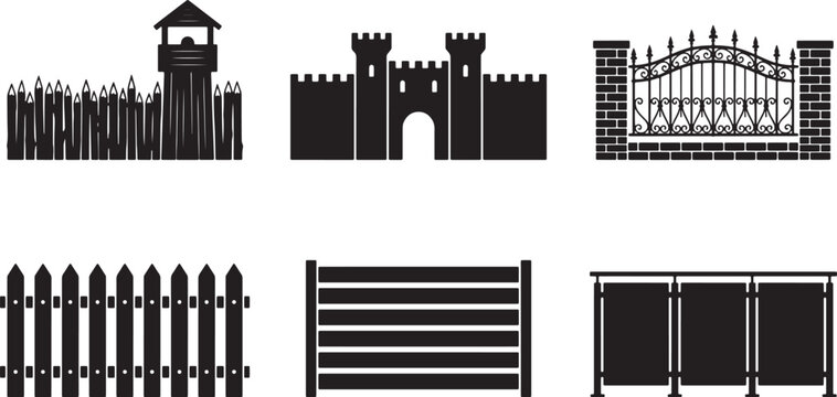 Set of fence and wall silhouettes including wooden picket, metal railing, stone castle, and security barriers