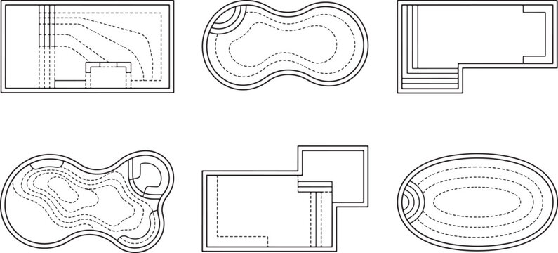 Swimming pool top view floor plan set with various geometric and organic shapes for architectural landscape design