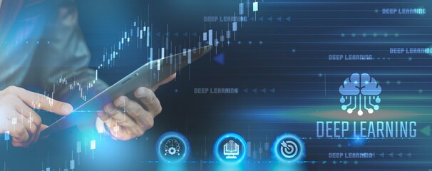 Obraz premium Deep learning technology concept featuring neural networks, artificial intelligence training models, advanced machine learning and intelligent data processing systems.