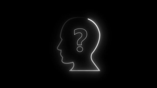Neon person icon with glowing question marks, symbolizing confusion or inquiry on a dark background