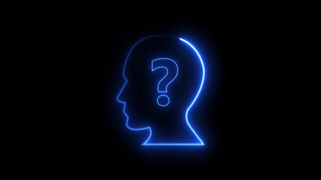 Neon person icon with glowing question marks, symbolizing confusion or inquiry on a dark background