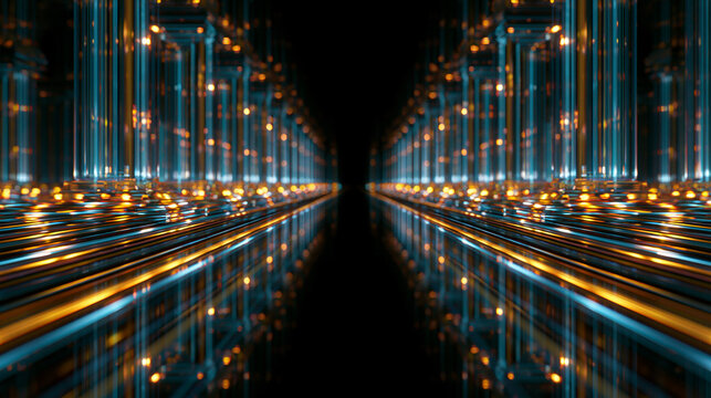 Futuristic Abstract Digital Tunnel with Glowing Blue and Gold Lines