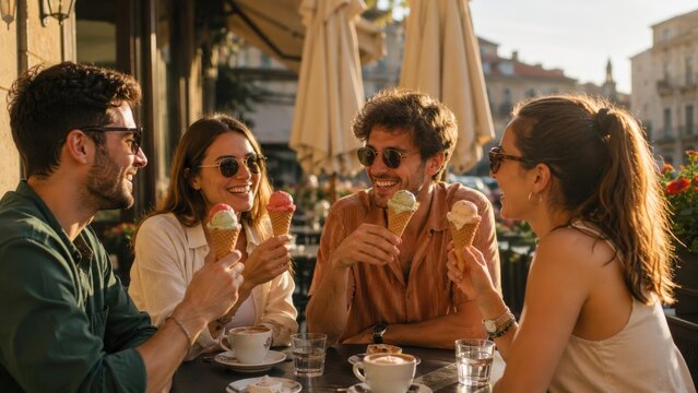 Group of four friends enjoying ice cream cones at an outdoor cafe table, with coffee cups and a sunny urban backdrop featuring buildings and umbrellas