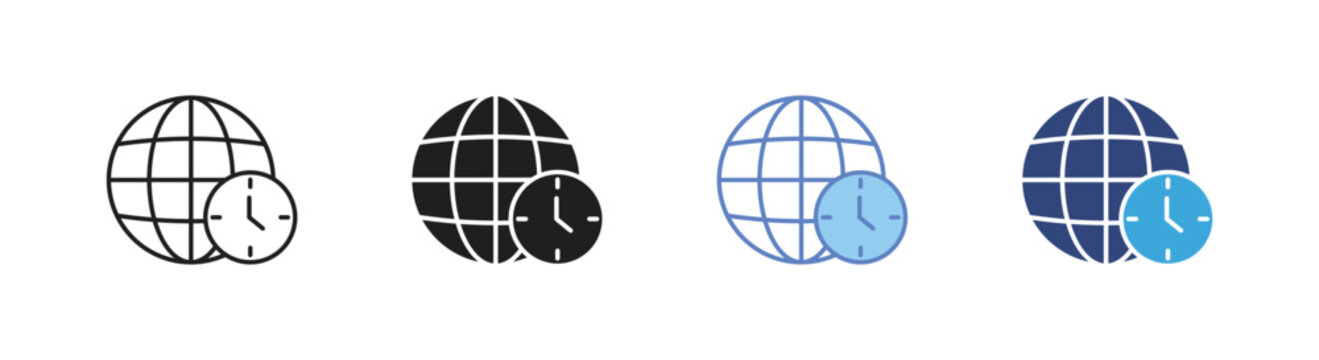 Time zone icon set, Global clock symbols, International time management vector icons, Worldwide communication signs, World time vector icons