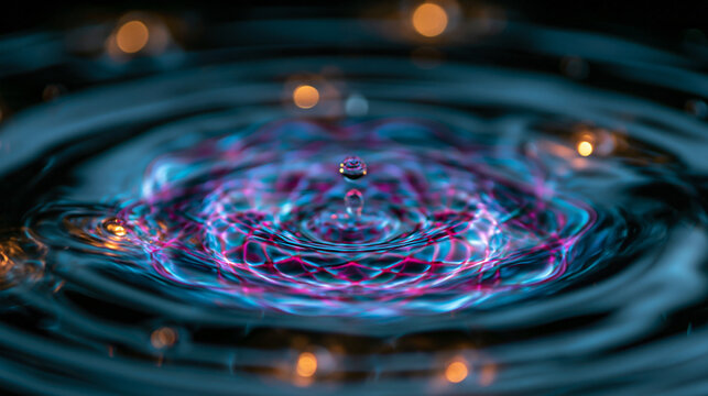 Macro Shot of Water Drop Impact with Neon Reflections
