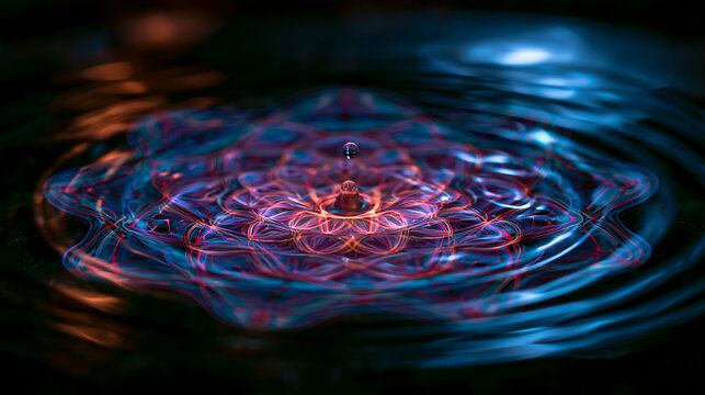Abstract Water Drop Ripple with Neon Mandala Light Pattern