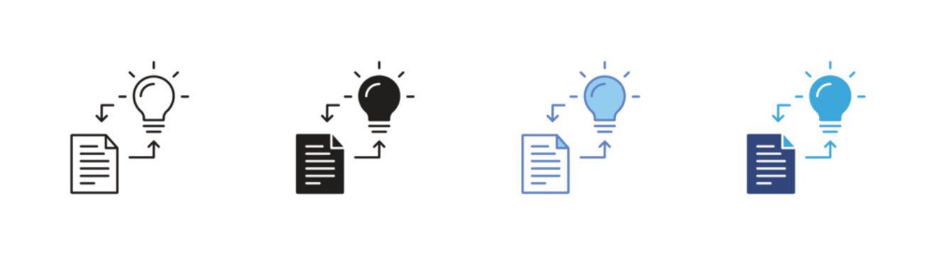 Knowledge base icon set, Document light bulb symbols, Information to ideas vector icons, Learning resource signs, Insight management vector icons
