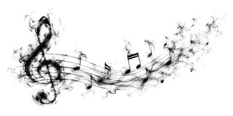 Abstract Black Music Notes and Treble Clef on White Background With Flowing Staff Lines, Melody Wave and Artistic Sound Design © mahabubmorshed