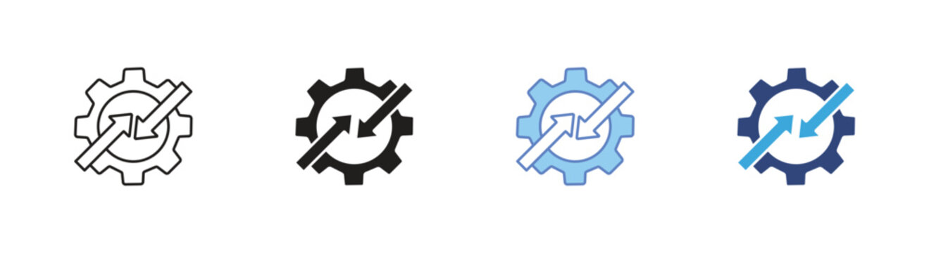 Performance optimization icon set, Gear growth arrows symbols, Process improvement vector icons, System scalability signs, Technical efficiency vector icons