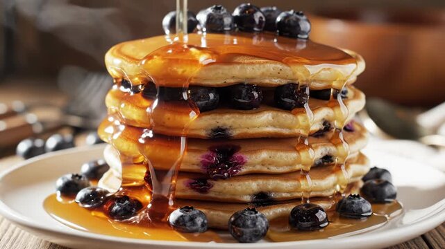 Stack of golden brown blueberry pancakes on white plate with fresh berries, featuring thick maple syrup pouring over the side, close-up view of breakfast food on a rustic wooden table.