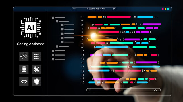 This image features an AI coding assistant interface, highlighting colorful code snippets and a user hand interacting with the screen, representing modern software development technology. Cyphers