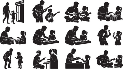 Father and daughter playing musical instruments and learning music together, vector icons set © Shammi