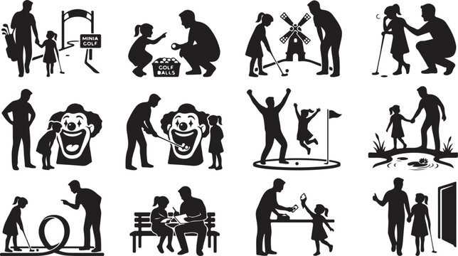 Set of silhouettes depicting a father and daughter playing miniature golf together at a fun park