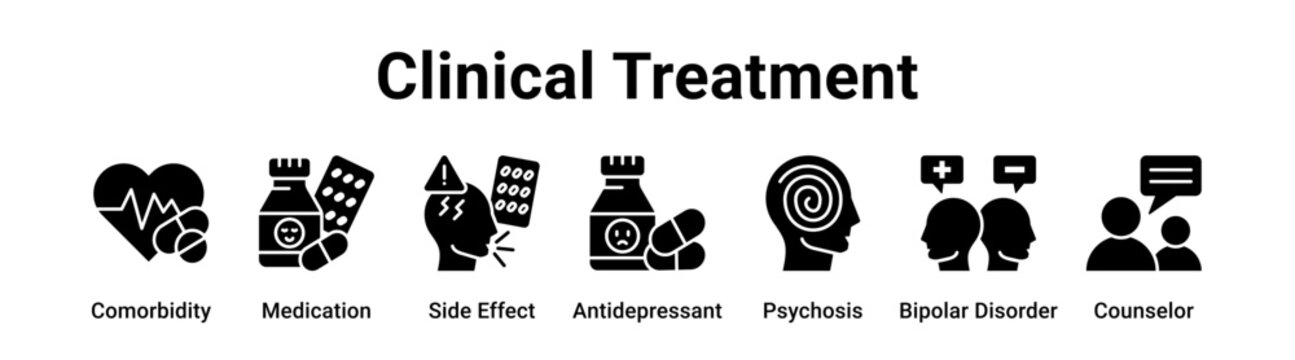 Clinical Treatment web banner icon vector illustration concept for medical with icon of Comorbidity, Medication, Side Effect, Antidepressant, Psychosis, Bipolar.
