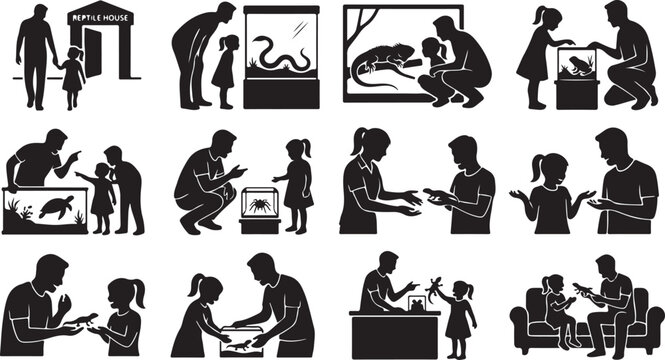 Set of silhouettes of a father and daughter visiting a reptile house and interacting with exotic animals